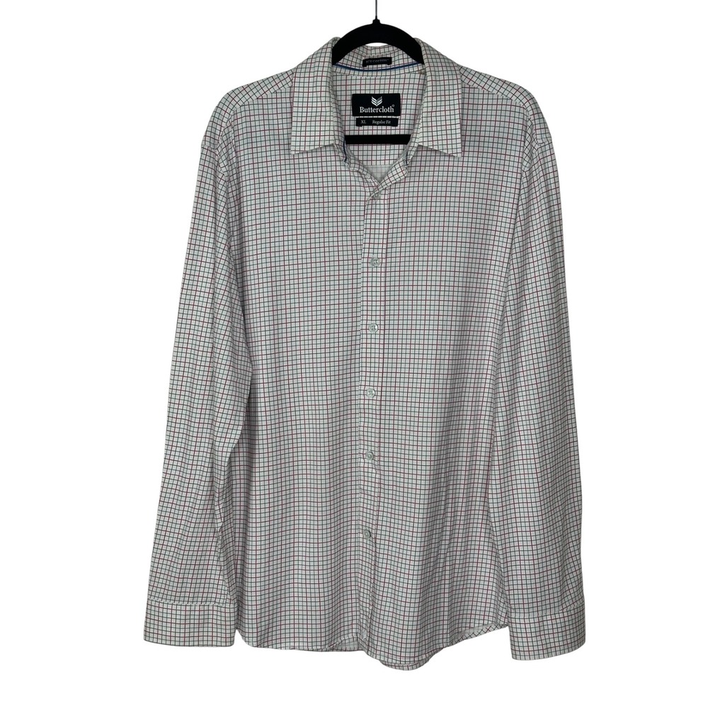 Buttercloth Button Down XL White Navy Red Grid Icy Cotton Knit Regular Fit Shirt